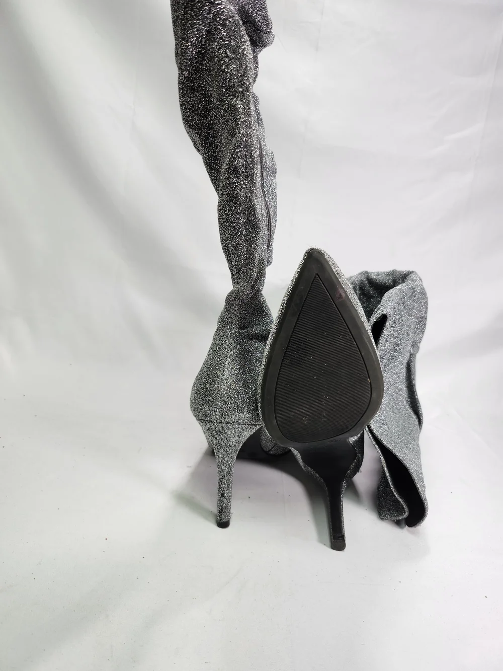 Brash Silver Glitter Over-the-Knee Pointed Toe Stiletto Boots